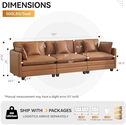 111'' Sectional Cloud Deep Seat Couch, Modern Comfy Leather Modular Sectional - Image 2