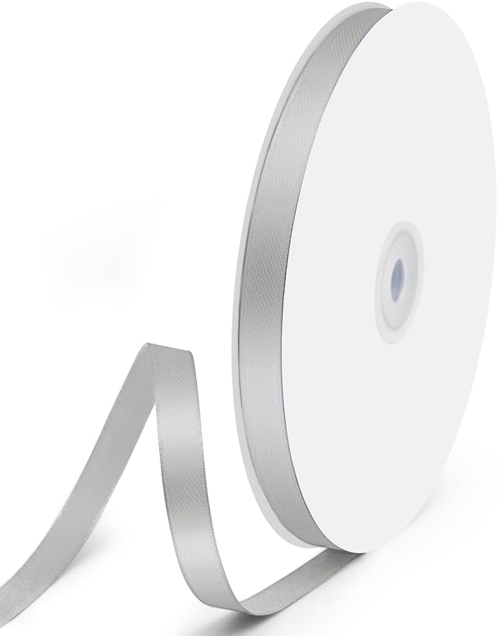 3/8" x 100 Yards Satin Ribbon - Silver Silk Ribbon with Spool - Ideal for Gift Wrapping, Floral Bouquets, Crafts, Wedding Party Decorations, Christmas and Sewing Projects