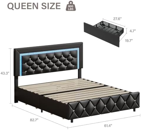 BarnFurin Queen Bed Frame with LED Headboard and Storage Drawers - Image 2