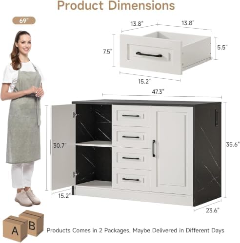 ONBRILL Kitchen Island with 2 Storage Cabinets & 4 Drawers - Image 2