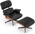 Top Black Grain Leather, Mid Century Chaise Lounge Chair and Ottoman, Modern by SAINCH