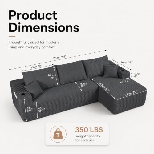 108 inch Boneless Couch, Modular L-Shaped Cloud Sectional Sofa - Image 2