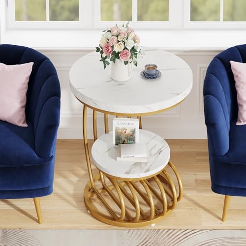 Tribesigns Gold Round End Table: 2 Tiers Faux Marble Side Table - Image 3