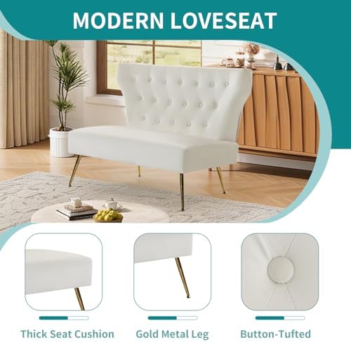 45’’ Velvet Modern, Small White Wingback Couch Sofa - Image 3
