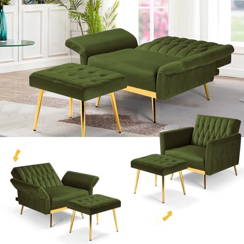 Velvet Accent Chair w/Ottoman & Adjustable Backrest, Olive Green - Image 5