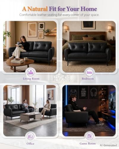 61'' Black Faux Leather Loveseat, Small Tufted Couch - Image 3