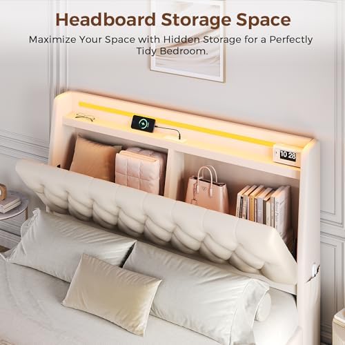 Full LED Velvet Bed Frame with 2 Storage Drawers&Hidden Headboard, Upholstered - Image 4