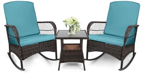 LEVELEVE 3 pcs Rocking Bistro Set Conversation Chairs PE Wicker Outdoor Rocking by Enjoyyourlife