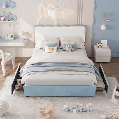 IDEALHOUSE Full LED Bed, 2 Drawer Trundle, Light Blue Wave Headboard - Image 4