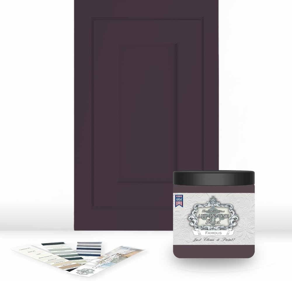 ALL-IN-ONE Paint, Durable cabinet and furniture paint. Built in primer and top coat, no sanding needed. Includes our 30 featured color card - Famous, 8oz Sample