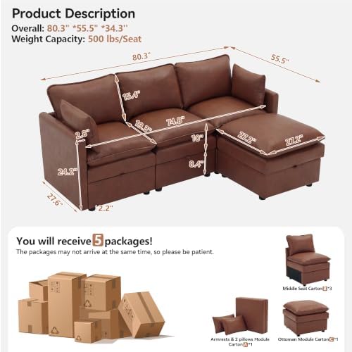 80" Brown Faux Leather Storage 3 Seater Sofa - Image 2