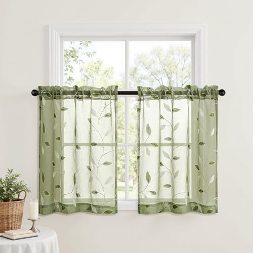 MIULEE Sage Green Sheer 30x36 Inches 2 Panels Embroidered Leaf Patterned - Image 2