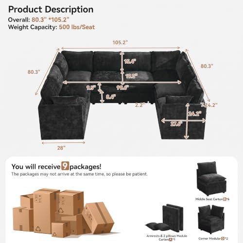 105" Black Oversized Modular Storage Sofa, U Shaped Chenille Cloud Couch - Image 2