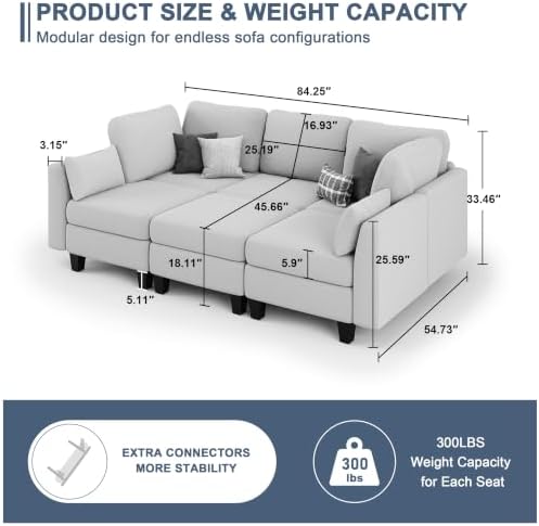 Sectional Sleeper Sofa, 6 Seaters Modular Sleeper Sofa Couch, Light Grey - Image 3