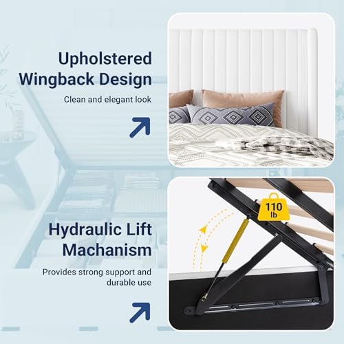 Allewie Full Size Lift Up Storage Bed Frame Channel Tufted Headboard White - Image 6