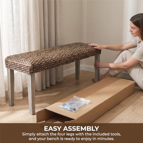 Solid Acacia Wood Bench with Natural Woven Water Hyacinth Seat - Image 6