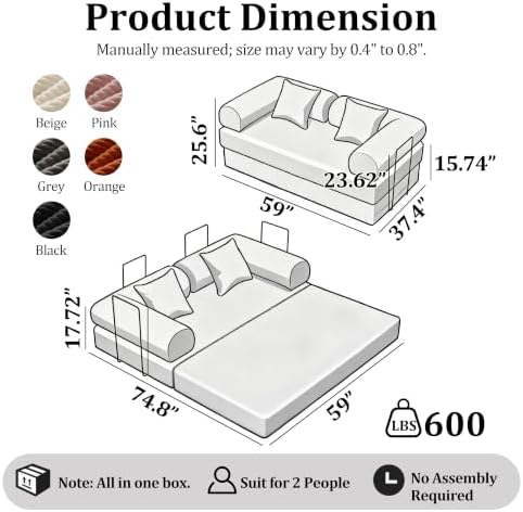 59'' Convertible Compressed Corduroy Folding Cloud Sofa Bed, Modern Boneless - Image 3