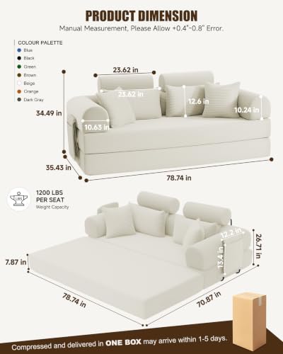 79" Convertible Sofa Bed, High Backrest Boneless Couches - Image 2