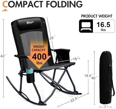 Portal Oversized Folding Rocking Camping Chair Portable 400 lbs Black - Image 3