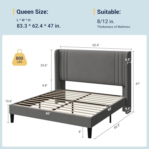 Allewie Queen Size Velvet Platform Bed Frame, Tall Wingback Headboard - Image 2