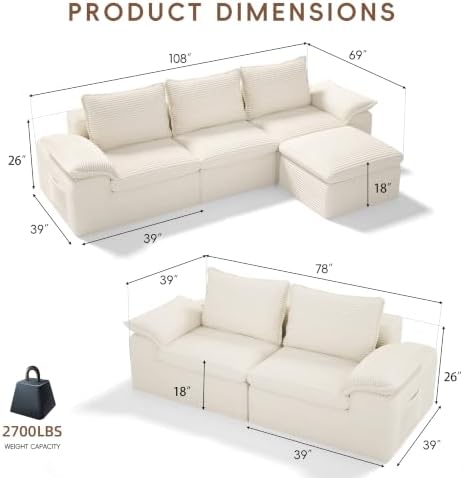 2Pcs Cloud Sectional Couch Sets, Convertible Modular Sofa. Beige - Image 2