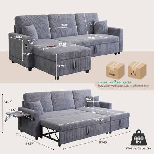 83" Sleeper Sectional Sofa, Comfy Convertible Sofa Bed - Image 3