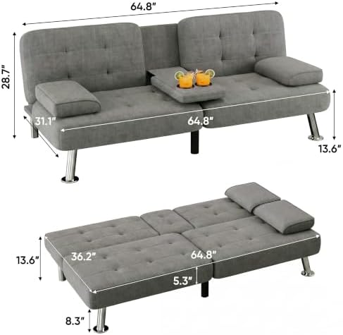 Flamaker Futon Sofa Bed, Modern Linen Convertible Folding Futon Set - Image 3