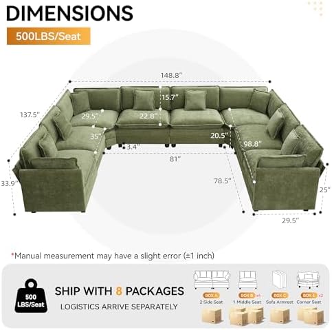 147'' Oversized U Shaped Cloud Sectional Sofa, Chenille Deep Seat Couches - Image 2