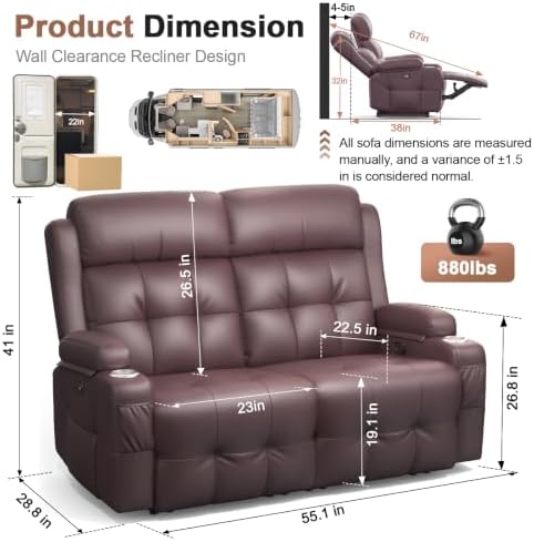 Reclining Loveseat Sofa, RV Loveseats Recliner Sofas Wall Hugger, Double - Image 2