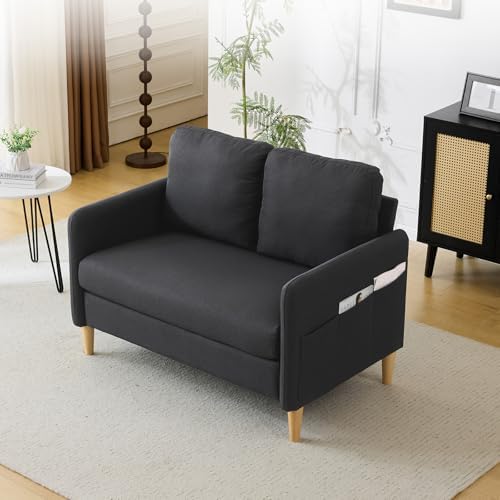 VINGLI 47" Small Couch, Linen Loveseat Sofa Black Mini Couch Mid Century Modern by VINGLI