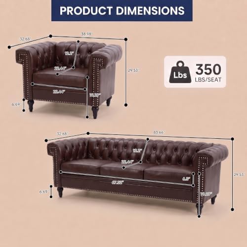 Chesterfield Sofa & Chair Set, Faux Leather Couch Set - Image 2