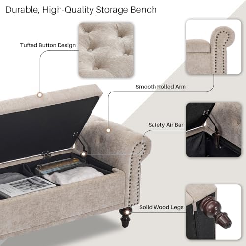 SOFTHION 67" Storage Bench for Bedroom, Chenille Upholstered, Light Brown - Image 4