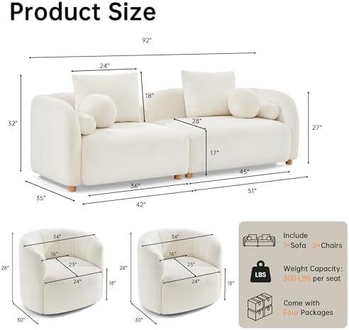 3 Piece Modern Couch Set, Curved Sofa & 2 Swivel Accent Chair - Image 2