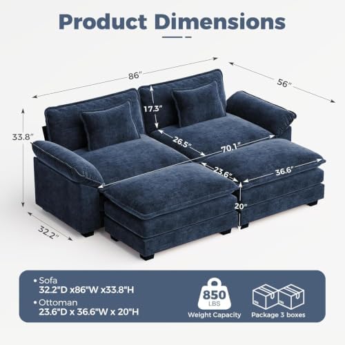 CDCASA 86" Modular Sectional Sofa, Comfy Cloud Couch w/ 2 Movable Ottoman - Image 2