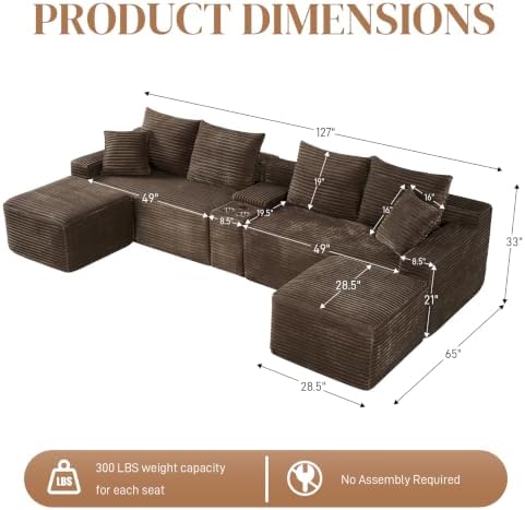 127" U Shaped Cloud Couch Modular Sectional Sofa, Fluffy Comfy Corduroy - Image 2
