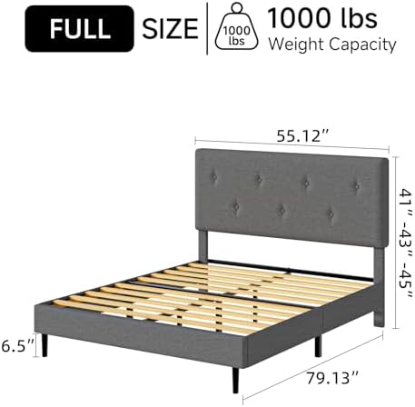Full Size Linen Bed Frame with Adjustable Headboard Grey - Image 2
