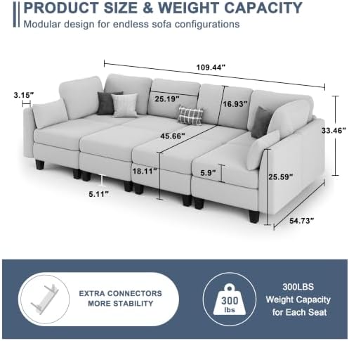Sectional Sleeper Sofa, 8 Seaters Modular Sleeper Sofa Couch, Light Grey - Image 3