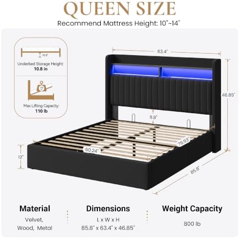 SHA CERLIN Queen Size LED Lift Up Storage Bed Frame Charging Station - Image 2
