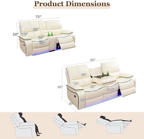 Power Recliner Sofa with LED Lights, Leather Power Reclining Sofa, Living Room - Image 7