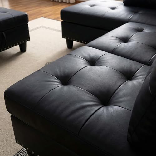 Leather L-Shaped Couch Set, 97.5"L x 69.5"W Sectional Sofas Black - Image 7
