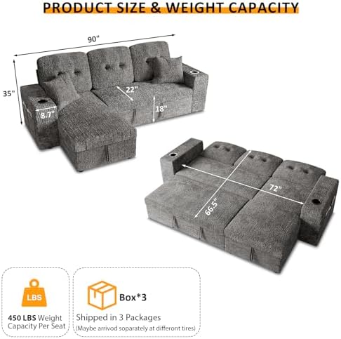 90 Inch Modular Sectional Sleeper Sofa Bed, 4 in 1 Pull Out Couch Bed - Image 3