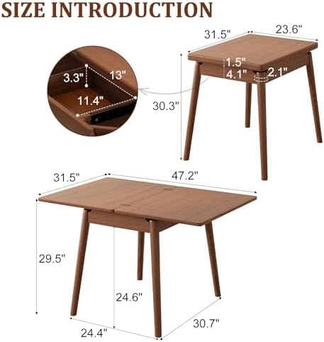 Solid Wood Small Dining Table for 2-6, 23.6"L-47.2"L Expandable Kitchen Table - Image 2