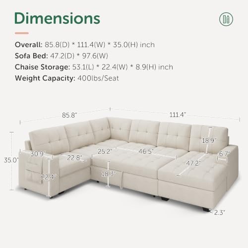 HONBAY 111.4'' Modular Sectional Sleeper Sofa - Image 2