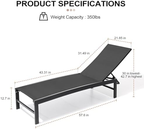 Crestlive Products Chaise Lounge Chair Outdoor Set of 2, Adjustable 5 Positions - Image 2