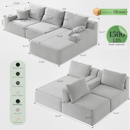Homkdom Modular Sectional Sofa for Apartment, Light Grey, Right Facing - Image 2