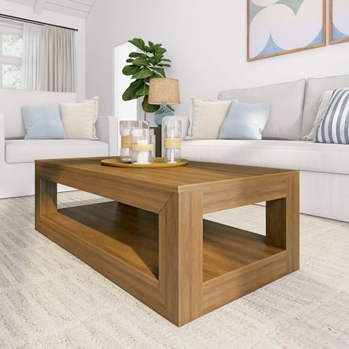 Plank+Beam Modern Coffee Table, Rectangular, 40 Inch, Pecan Wirebrush by PlankBeam
