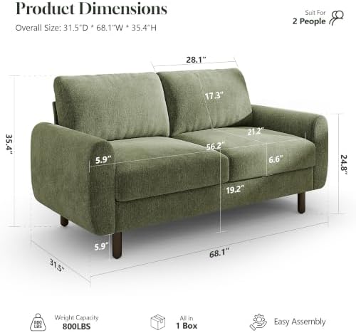 WorthFurni 68" Loveseat Sofa, Comfy Chenille Fabric Couches - Image 2