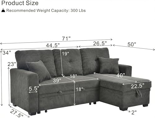 L Shaped Sectional Couch with Storage and Pull Out Bed, 3 Seater Sleeper Sofas - Image 2
