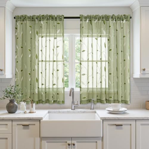 MIULEE Sage Green Sheer Curtains 2 Panels Leaf Patterned, W52 x L45 - Image 2