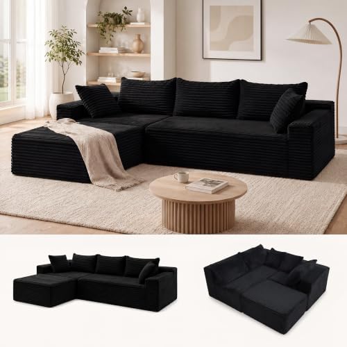 Claiks 104" Boneless Couch, L-Shape Corduroy Sectional Sofa by CLAIKS
